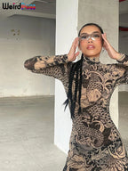 Mesh Print Maxi Bodycon Dress With Turtleneck And Long Sleeves