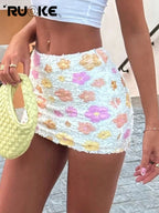 Colorful Floral Sequin Mini Skirt Low Waist Bodycon