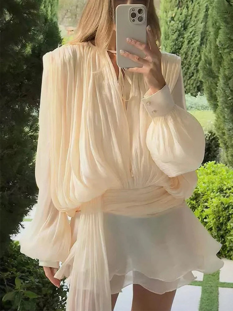 Lace Up V Neck Mini Dress For Women Long Sleeve