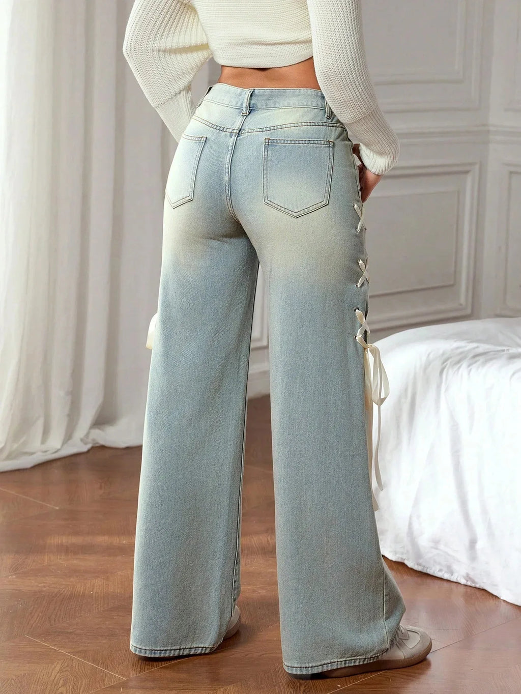 Washed Denim Wide Leg Pants With Lace Up Detail Pockets