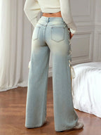 Washed Denim Wide Leg Pants With Lace Up Detail Pockets