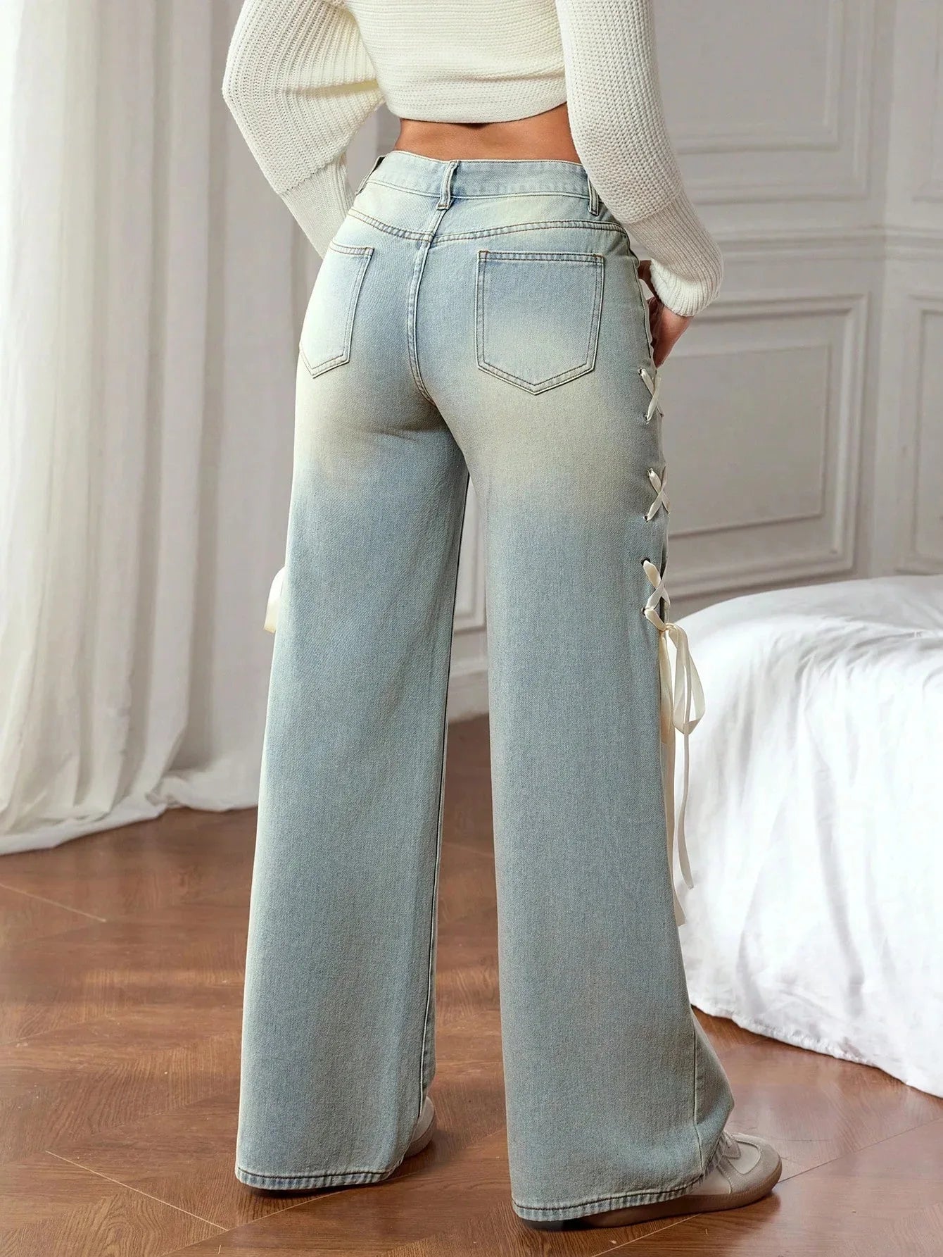 Washed Denim Wide Leg Pants With Lace Up Detail Pockets