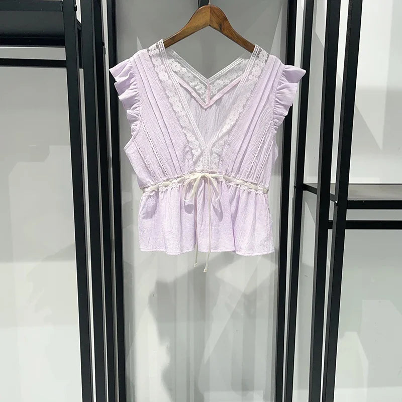 Sweet Lace V Neck Blouse With Ruffles And Flutter Sleeves