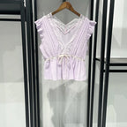 Sweet Lace V Neck Blouse With Ruffles And Flutter Sleeves