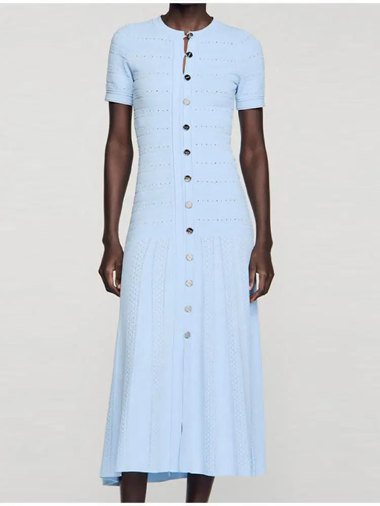 Baby Blue Knit Midi Dress With Button Front Short Sleeves Ruffles Slim Fit