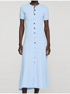 Baby Blue Knit Midi Dress With Button Front Short Sleeves Ruffles Slim Fit