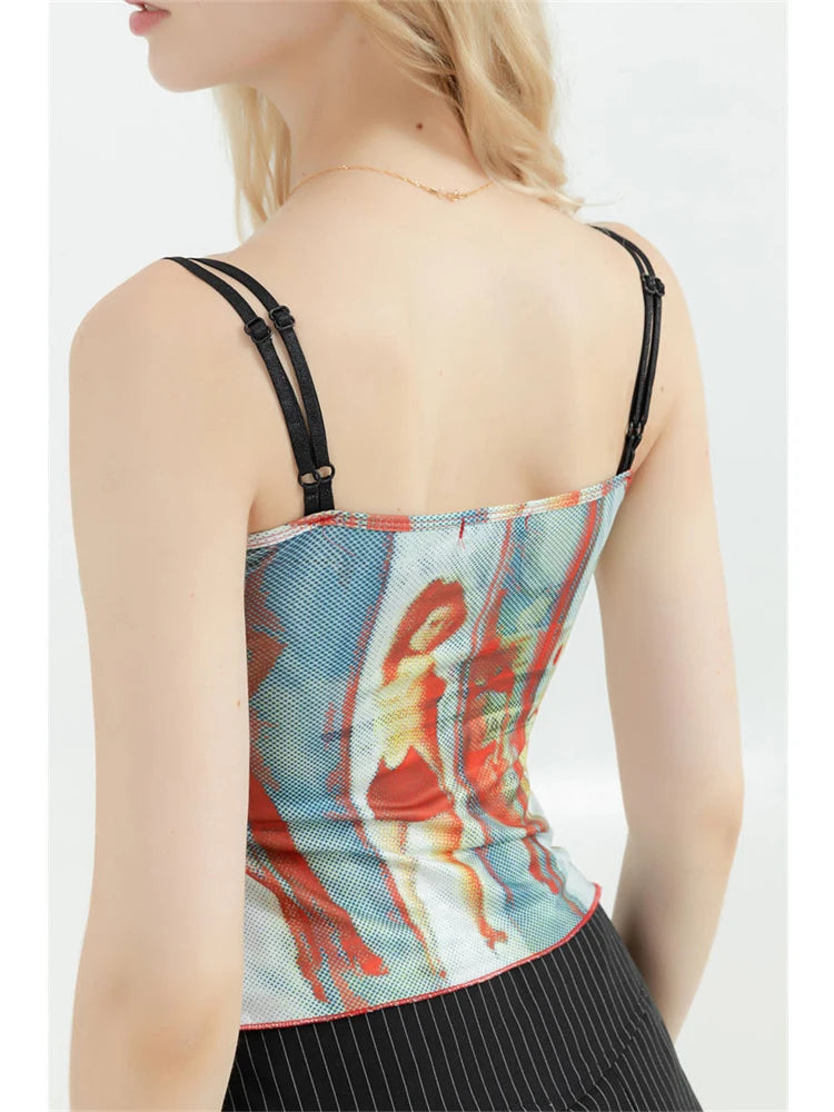 Flirty Vintage Graphic Spaghetti Strap Cami Top With Off Shoulder Flair