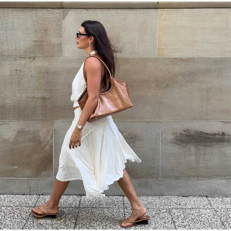 Elegant Asymmetrical A Line Midi Skirt High Waisted Pleated