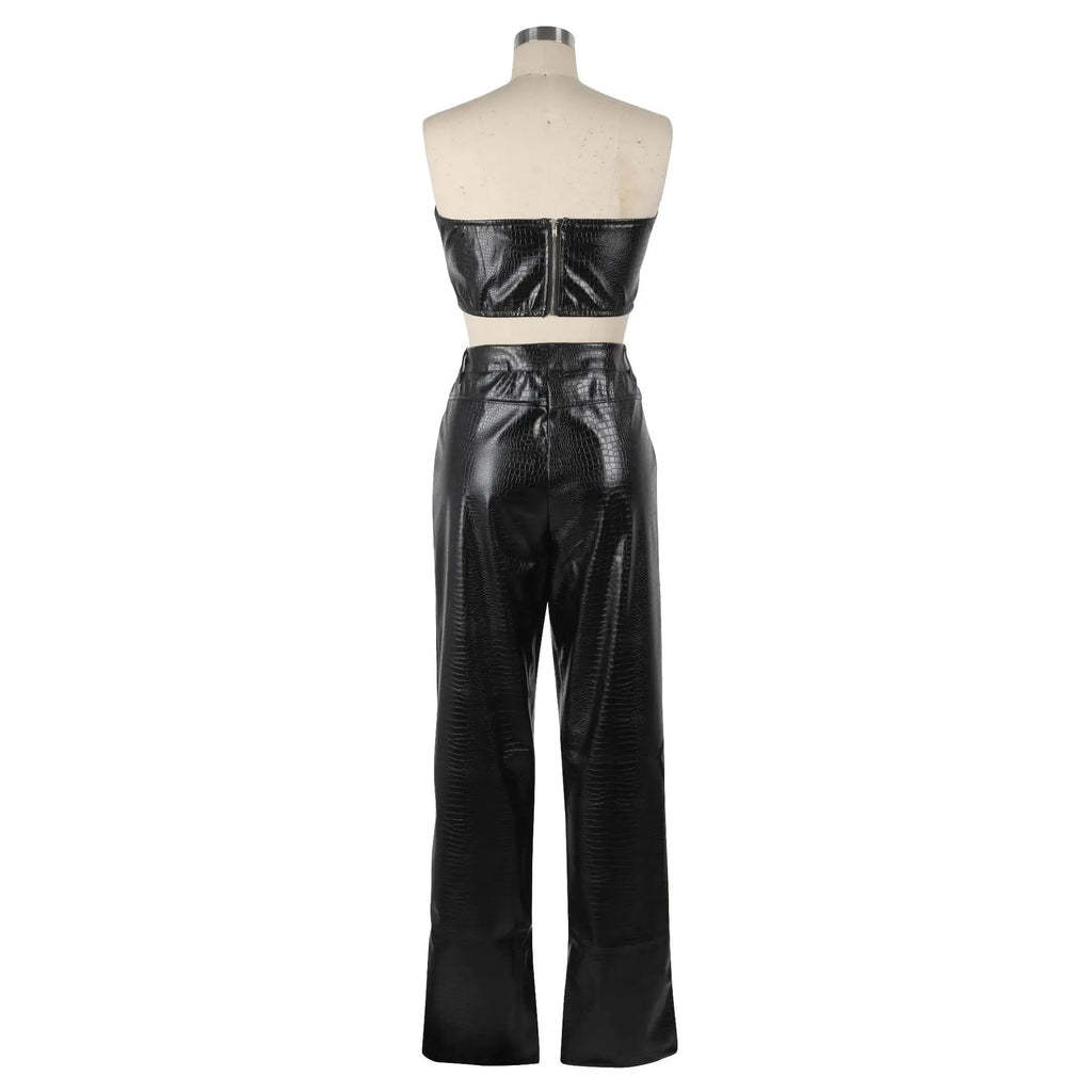 Corset Cutout Cargo Jumpsuit Two Piece Set Sleeveless PU Leather