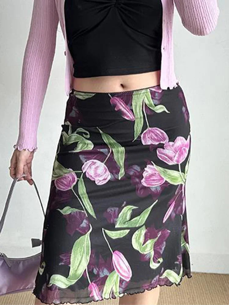 Vintage Floral Mesh High Waist Midi Mermaid Skirt