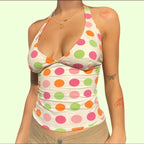Colorful Dots Print Tie Up Halter Neck Tank Top Backless Sleeveless Cotton Blend