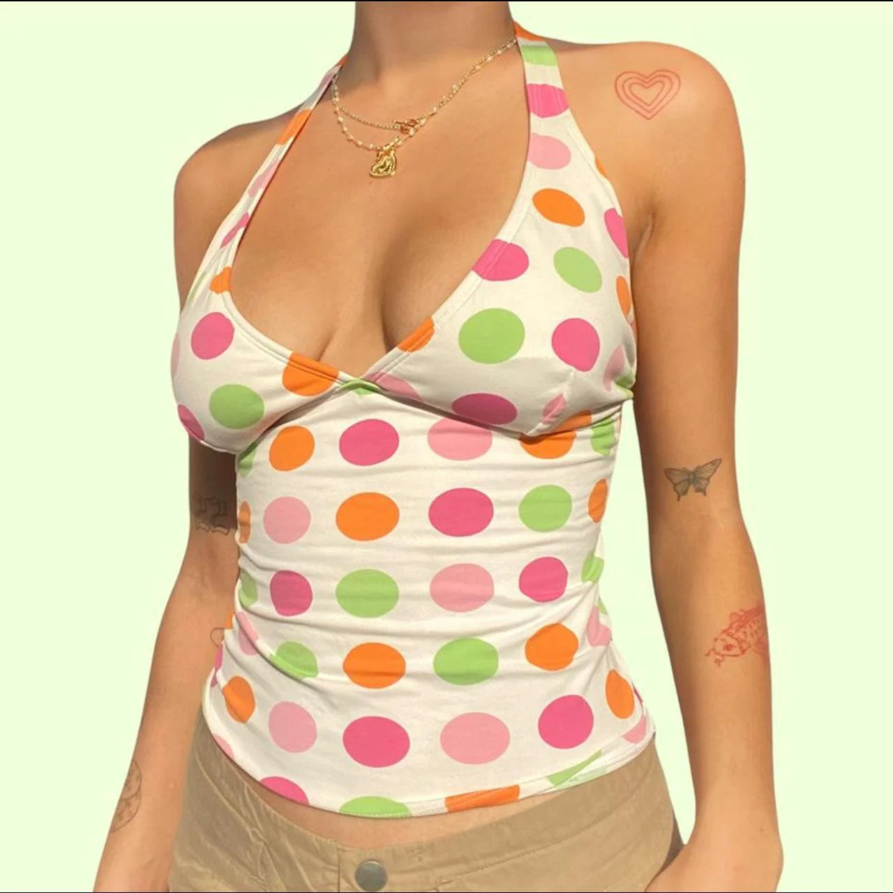 Colorful Dots Print Tie Up Halter Neck Tank Top Backless Sleeveless Cotton Blend