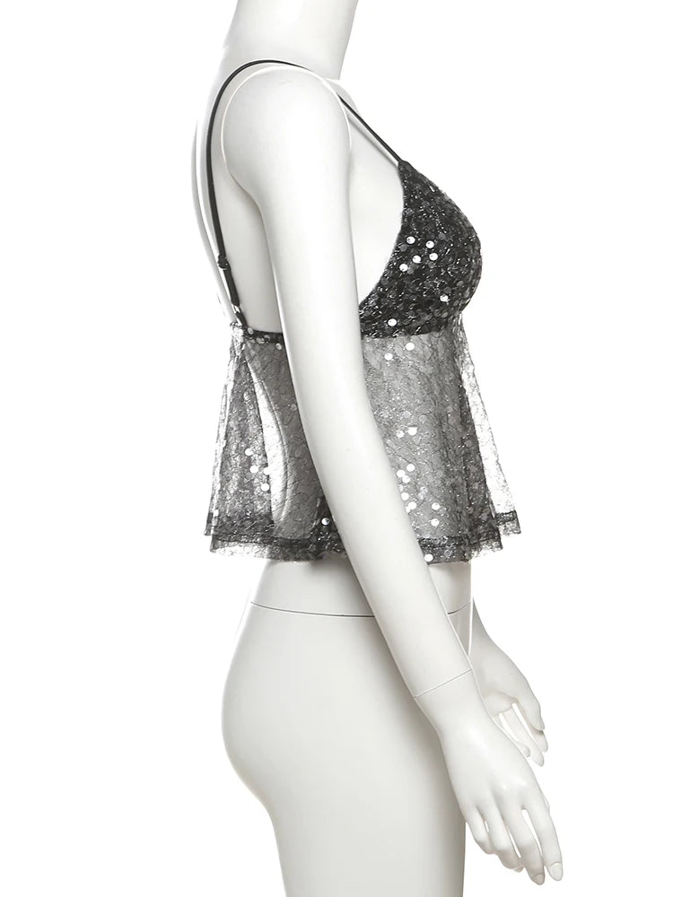 Sequined Patchwork Mesh Camisole With V-Neck Backless