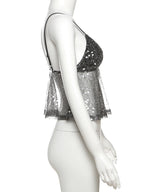 Sequined Patchwork Mesh Camisole With V-Neck Backless