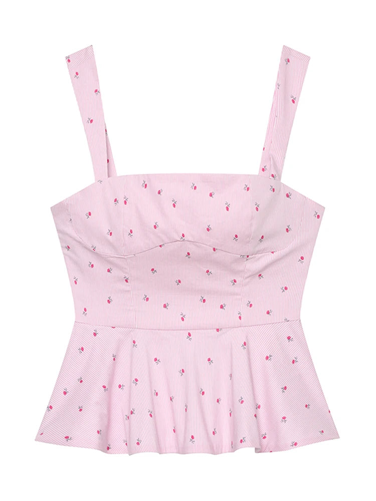 Women's Striped Printed Waist Cinching Ruffle Spaghetti Strap Sleeveless Backless Corset
