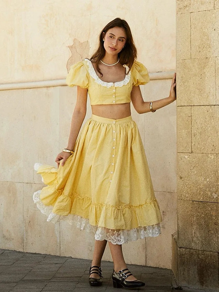 Yellow Gingham Lace Top And Skirt Set Vintage