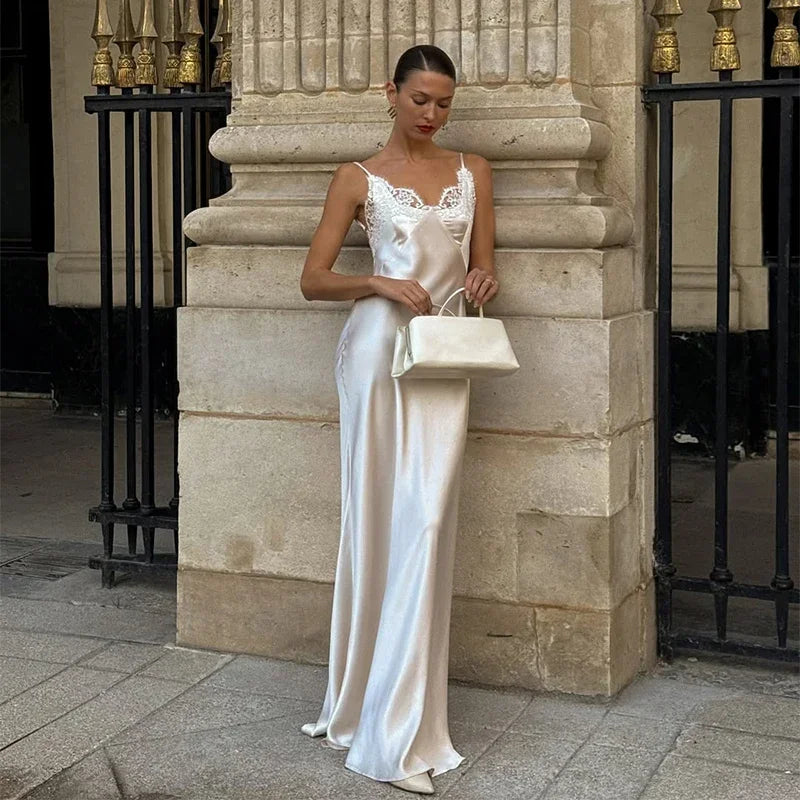V-Neck Satin Sling Maxi Dress With Lace Patchwork Backless Evening Gown