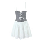 Sexy Women Plaid Spliced Sling Mini Summer Dress Lacing Up Bandage Back A-line Cotton Dress