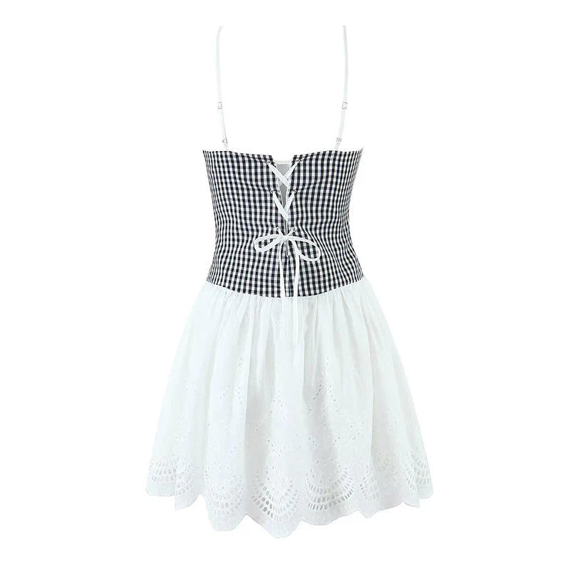 Sexy Women Plaid Spliced Sling Mini Summer Dress Lacing Up Bandage Back A-line Cotton Dress