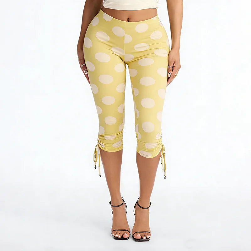 Polka Dot Patchwork Capri Pants With Drawstring Waist