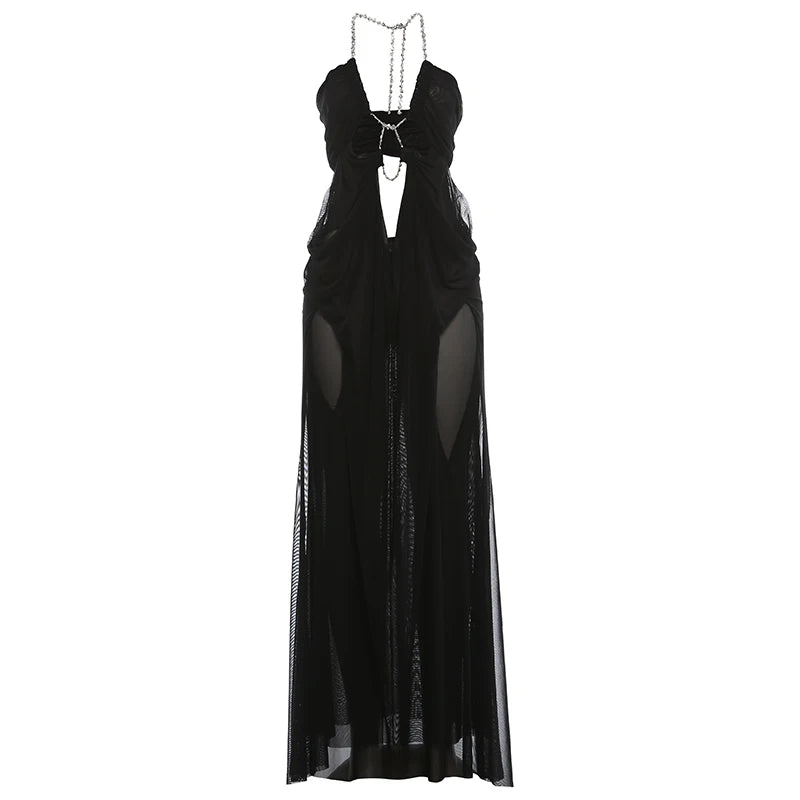 Sheer Halter Gown With Chain Detailing Backless Sleeveless