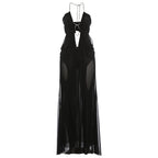Sheer Halter Gown With Chain Detailing Backless Sleeveless