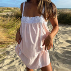 Lace Trim Mini Dress With Ruffle Babydoll Silhouette Spaghetti Strap Boho Sundress