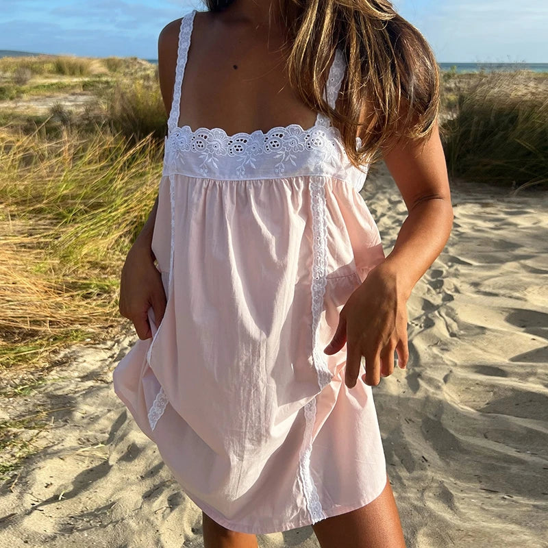 Lace Trim Mini Dress With Ruffle Babydoll Silhouette Spaghetti Strap Boho Sundress