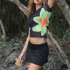 Floral Mesh Beach Cover Up Set With Crop Top And Mini Skirt In Sheer