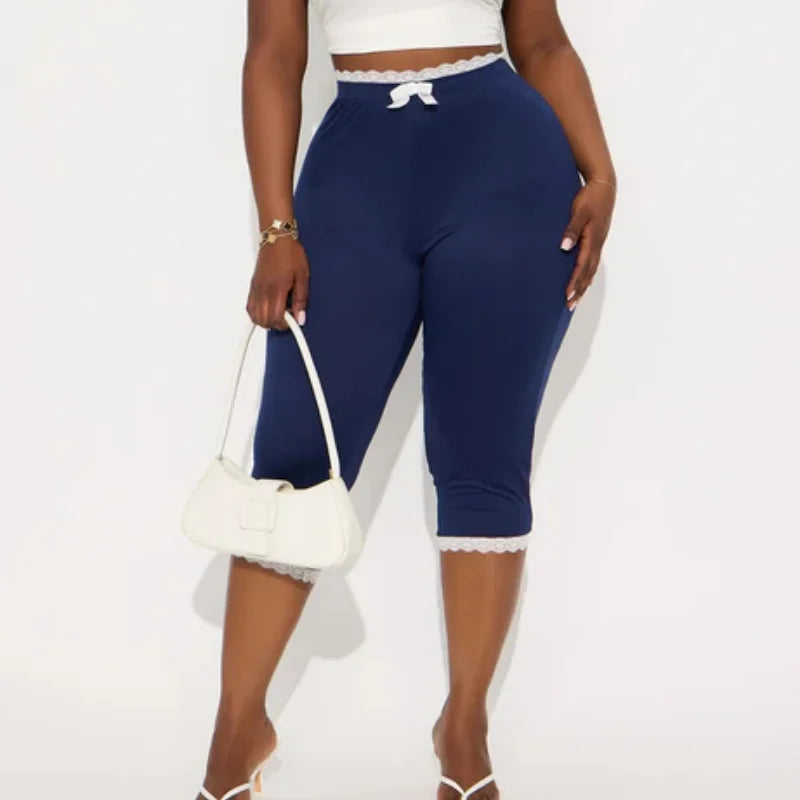 Lace Trim Capri Leggings With Elastic Waist Women Three Quarter Length