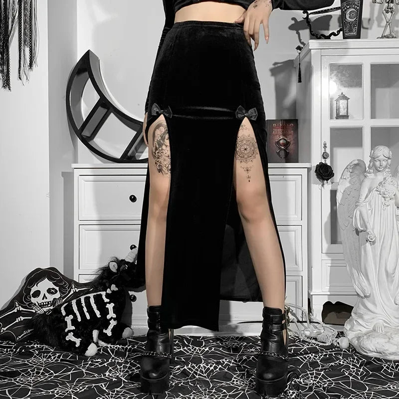 Punk High Waist Skirt With Bow Side Split Knee Length