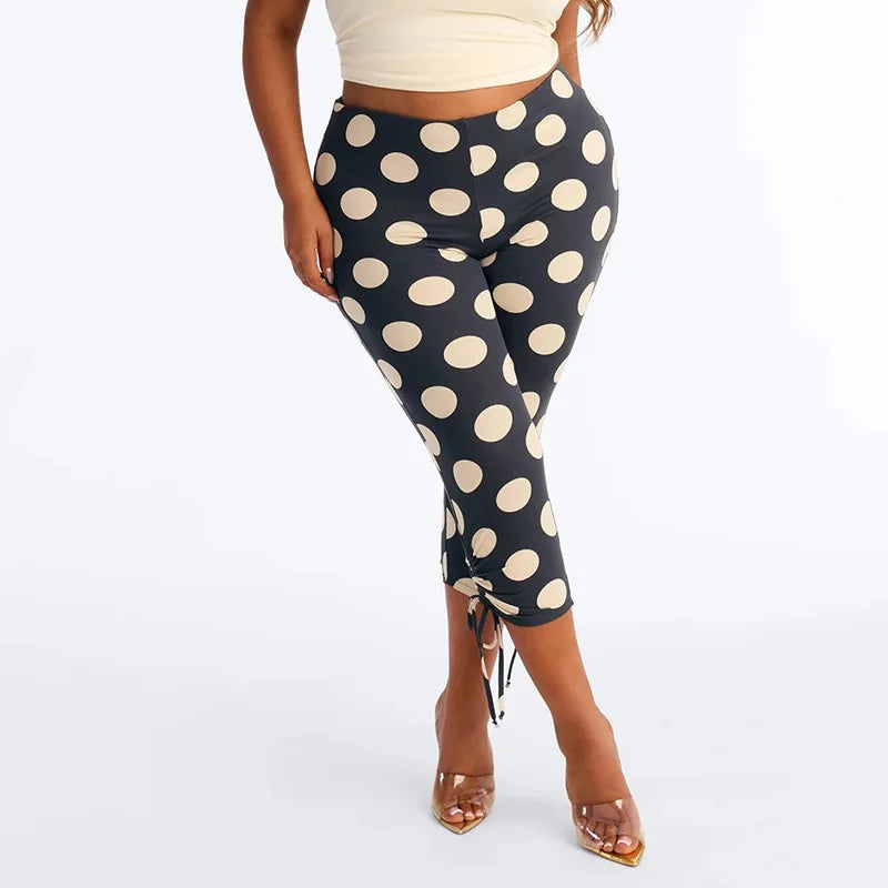Polka Dot Patchwork Capri Pants With Drawstring Waist