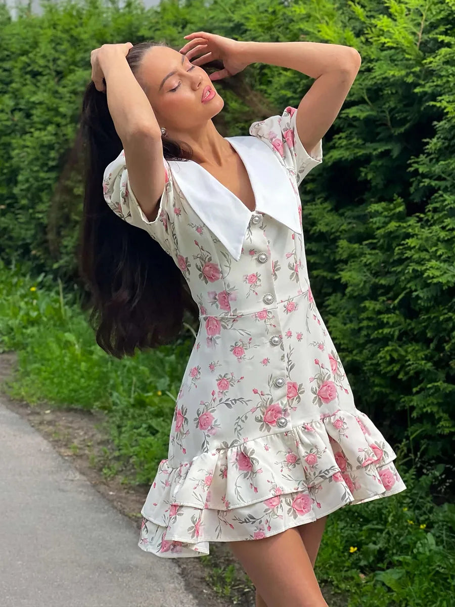 Puff Sleeves Ruffled Mini Dress With Pearl Buttons