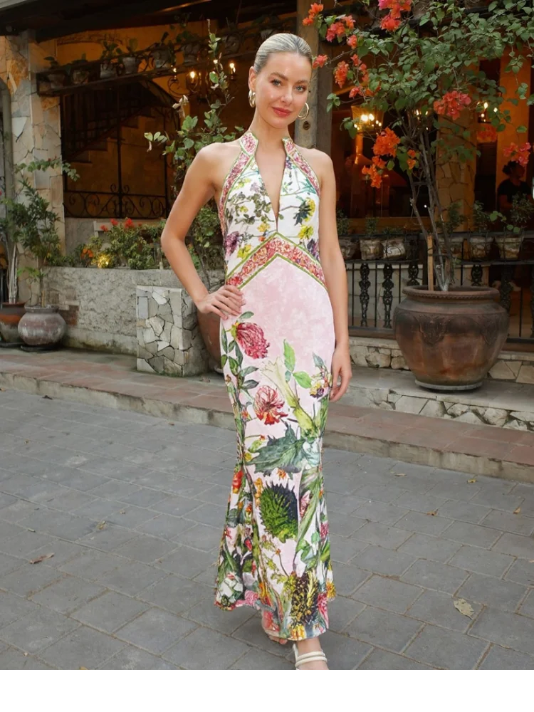 Flirty Printed Halter Backless Dress For Summer Party Chic Evening Outfits Slim High Waist
