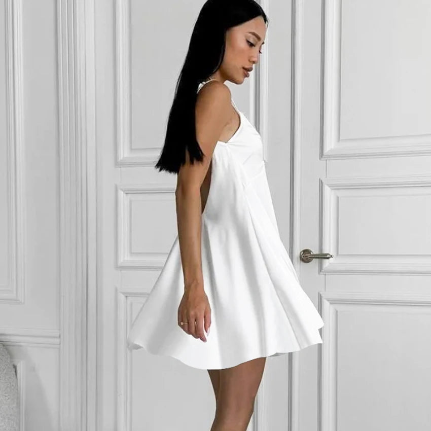 Sexy White Spaghetti Strap Short Lace Pullover Ruched Backless Nightgown