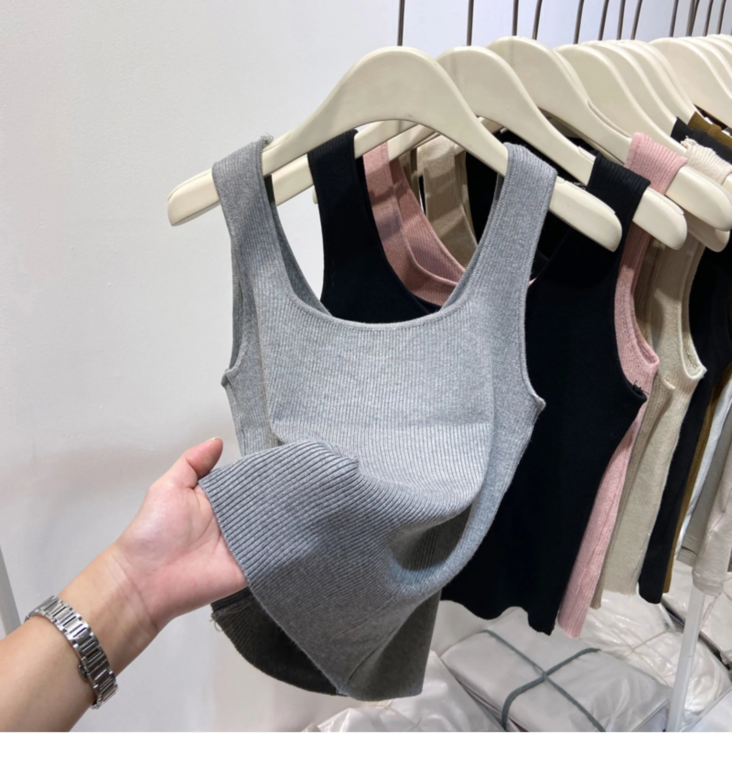 Knitted Strap Top With Clavicle Square Collar