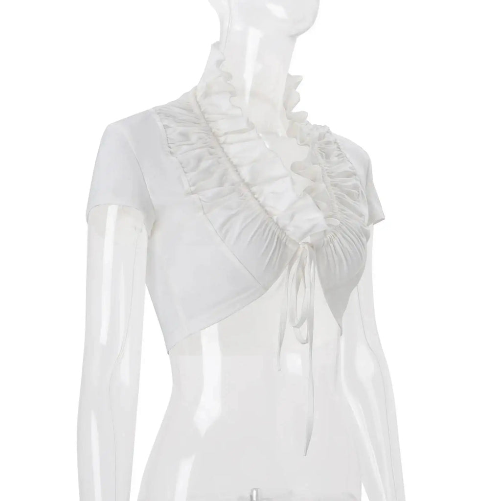 Sexy Deep V Neck Ruched White Crop Top With Ruffles And Lace Up Short Sleeves