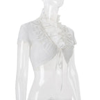 Sexy Deep V Neck Ruched White Crop Top With Ruffles And Lace Up Short Sleeves