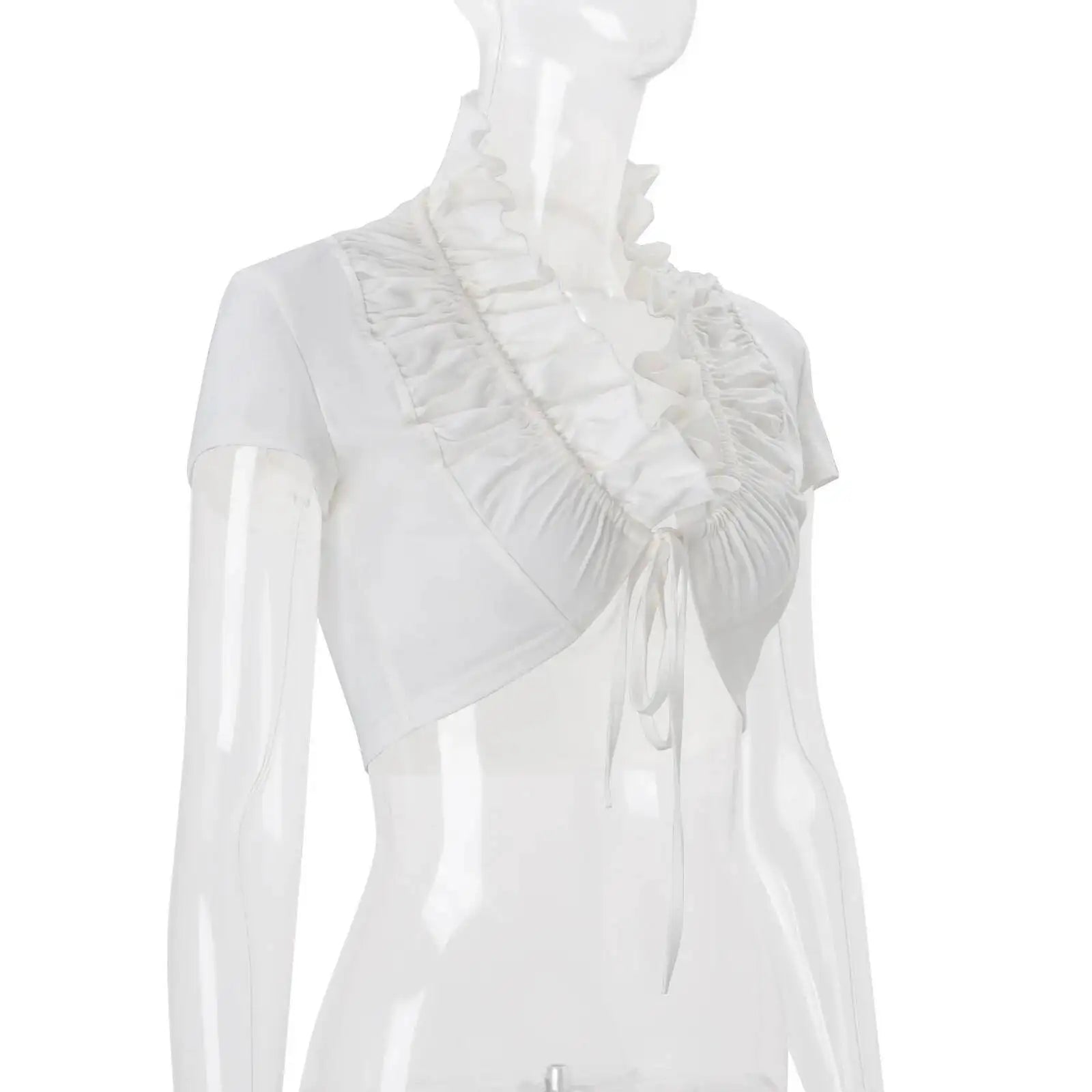 Sexy Deep V Neck Ruched White Crop Top With Ruffles And Lace Up Short Sleeves