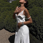 Lace Trim Maxi Dress With Spaghetti Straps And Slit