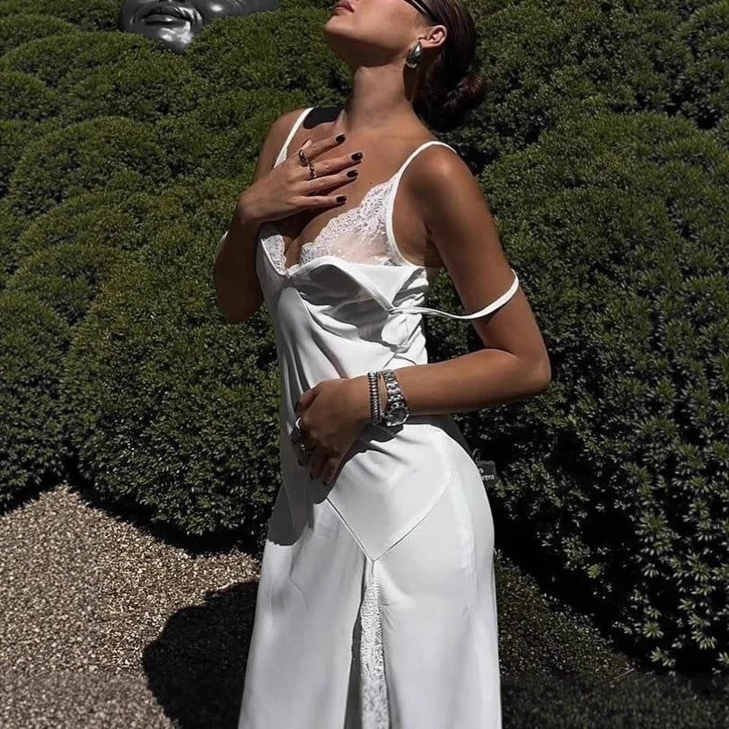 Lace Trim Maxi Dress With Spaghetti Straps And Slit