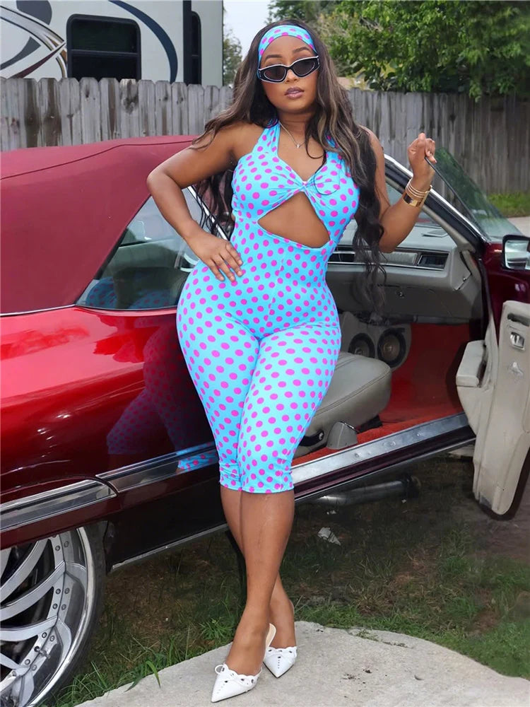 Blue Polka Dot Print Halter Playsuit With Hollow Design For Women High Waist Sleeveless