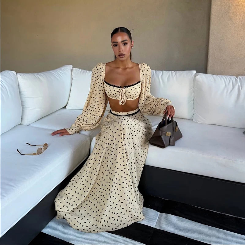 Polka Dot Two-piece Set Square Neck Puff Sleeve Cropped Top With Lace Trim Maxi Skirt