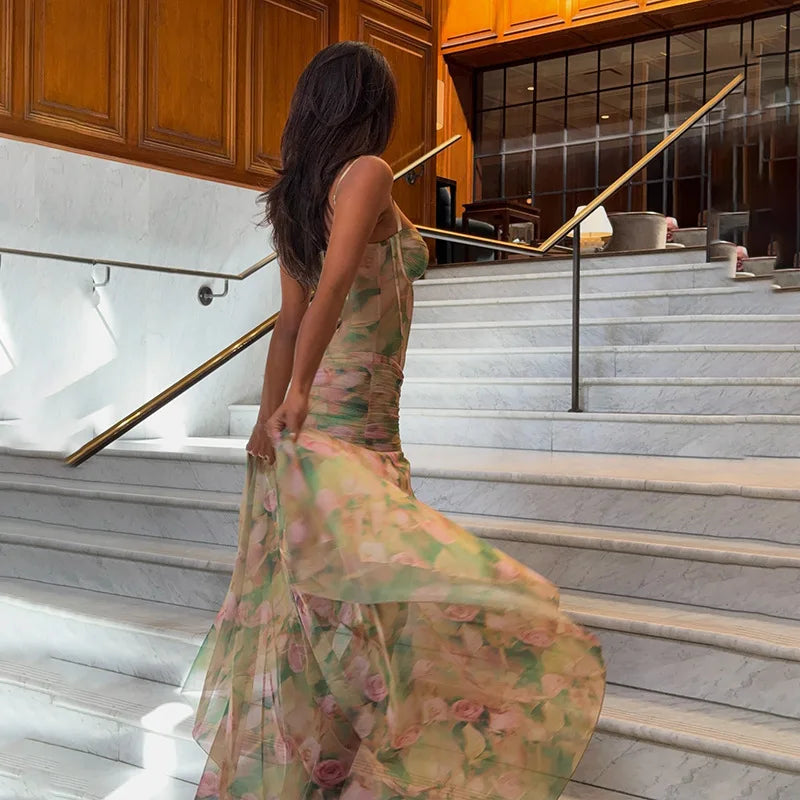 Elegant Floral Spaghetti Strap Maxi Dress With Backless High Split Ruched Silhouette