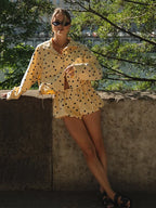 Yellow Polka Dot Pleated Set With Balloon Shorts And Cropped Top