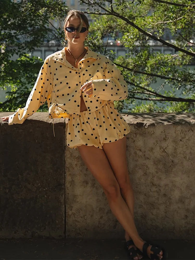 Yellow Polka Dot Pleated Set With Balloon Shorts And Cropped Top