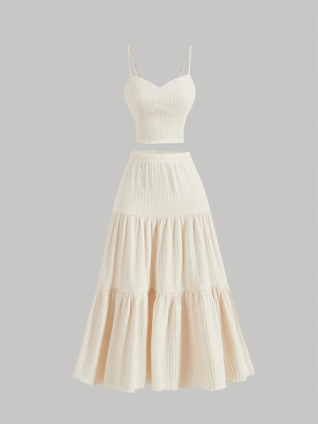 Plus Size Beige Ribbed Cami Top And Tiered Maxi Skirt Two Piece Set