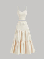 Plus Size Beige Ribbed Cami Top And Tiered Maxi Skirt Two Piece Set