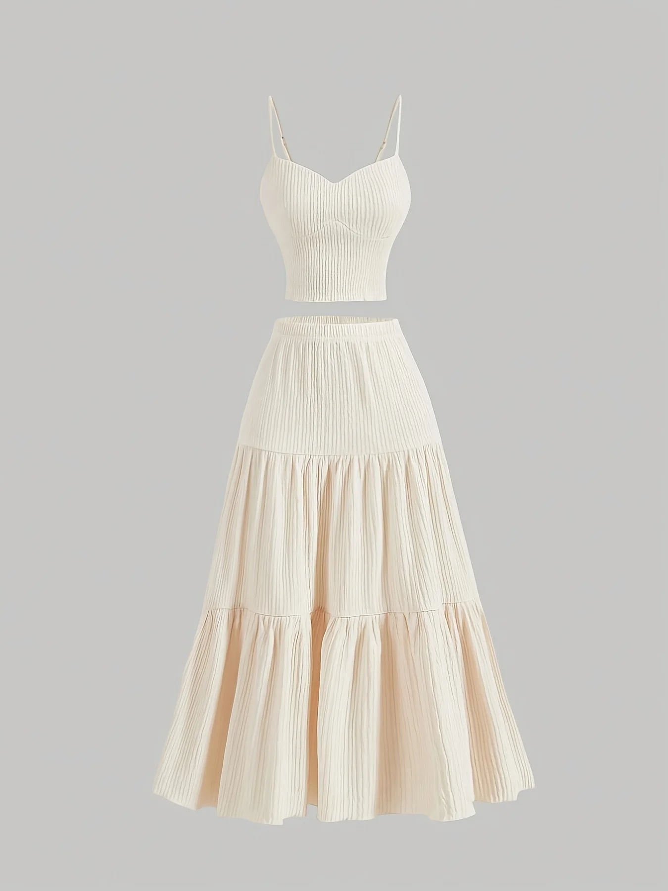 Plus Size Beige Ribbed Cami Top And Tiered Maxi Skirt Two Piece Set