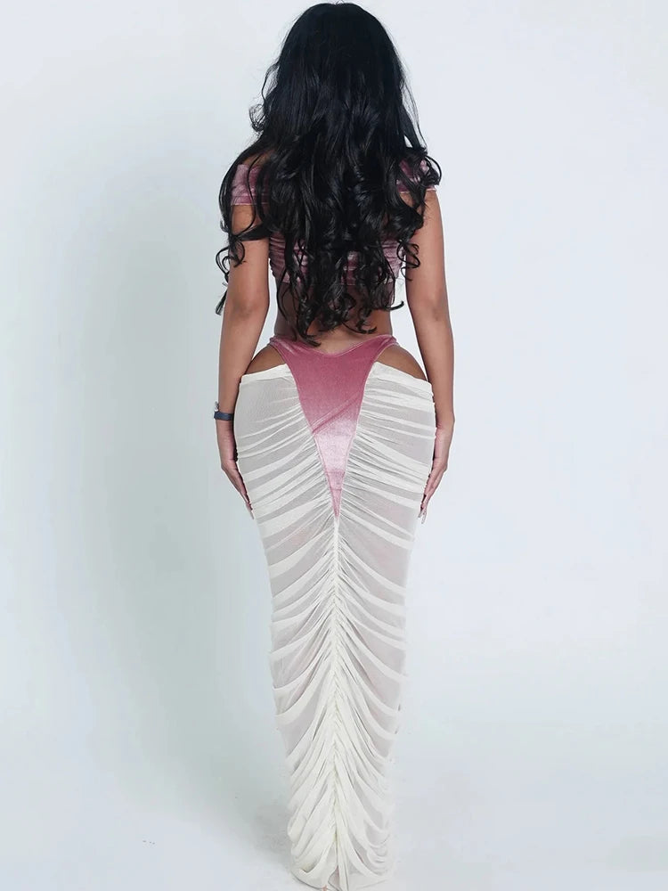Velvet Two-piece Set Hollow Tank Top And Ruched Skirt Coquette Vibe